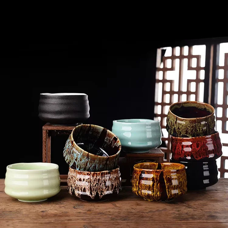 Estick Large 500ml Handmade Ceramic Kiln Glazed Matcha Bowl with Bamboo Drip Bowls Tenmoku Matcha Chawan