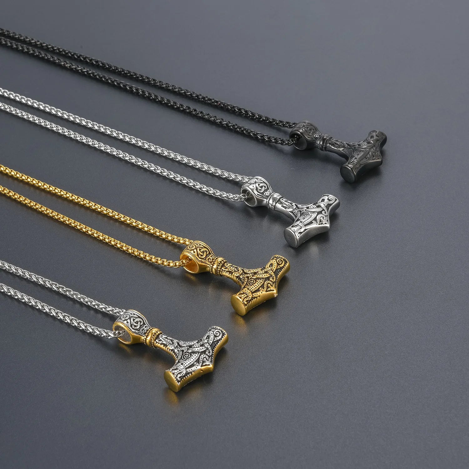 Stainless Steel Gold Plated 24inches Link Chain NorseThor's Hammer Talisman Nordic Viking Vegvisir Mjolnir Pendant Necklace