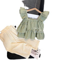 Hot Sale 2025 Summer 3-8 Years Old Girl Clothing Set Plaid Ruffled Shirt + Solid Pants 2 Pieces Set