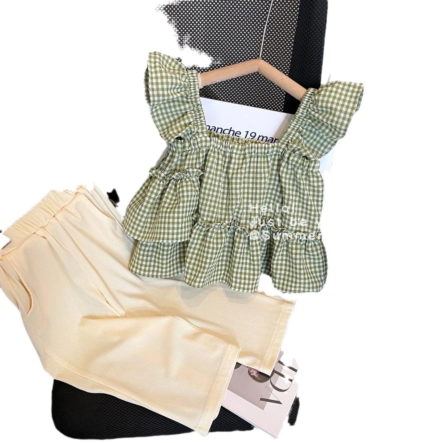 Hot Sale 2025 Summer 3-8 Years Old Girl Clothing Set Plaid Ruffled Shirt + Solid Pants 2 Pieces Set
