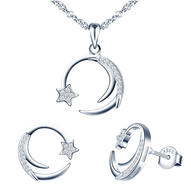 925 Silver Necklace Stud Earrings Star Moon Costume Jewelry Set