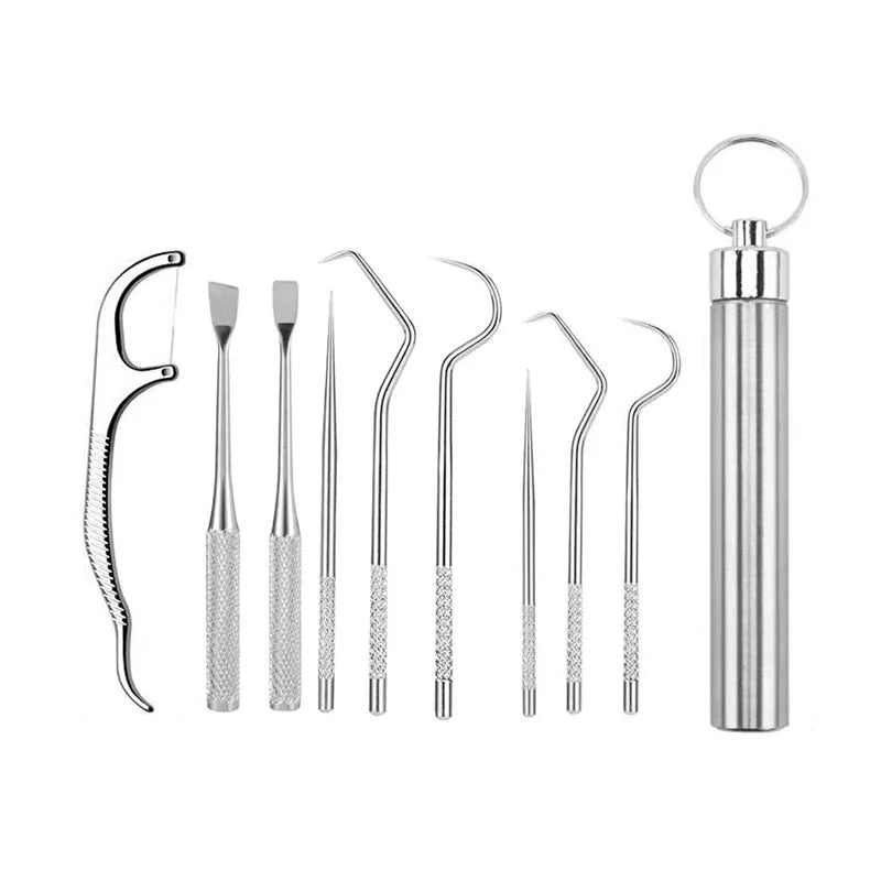 304 Stainless Steel Toothpicks Pocket 9Pcs Set Reusable Metal Toothpicks with Key Ring for Outdoor Picnic Camping Traveling