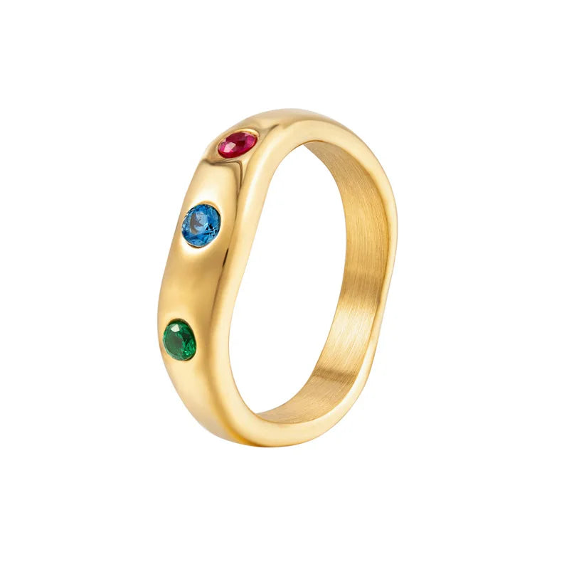 Fashion Elegant Stainless Steel 14k Gold Plated Tarnish Free Luxury 3 Zircon Beads Charm Finger Ring Women Rings Jewelry