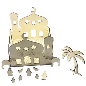 Custom Style Wooden Handicraft Furnishing Articles Directly Eid Al-Fitr Wooden Castle With DIY Home Decoration Gifts XJ0451