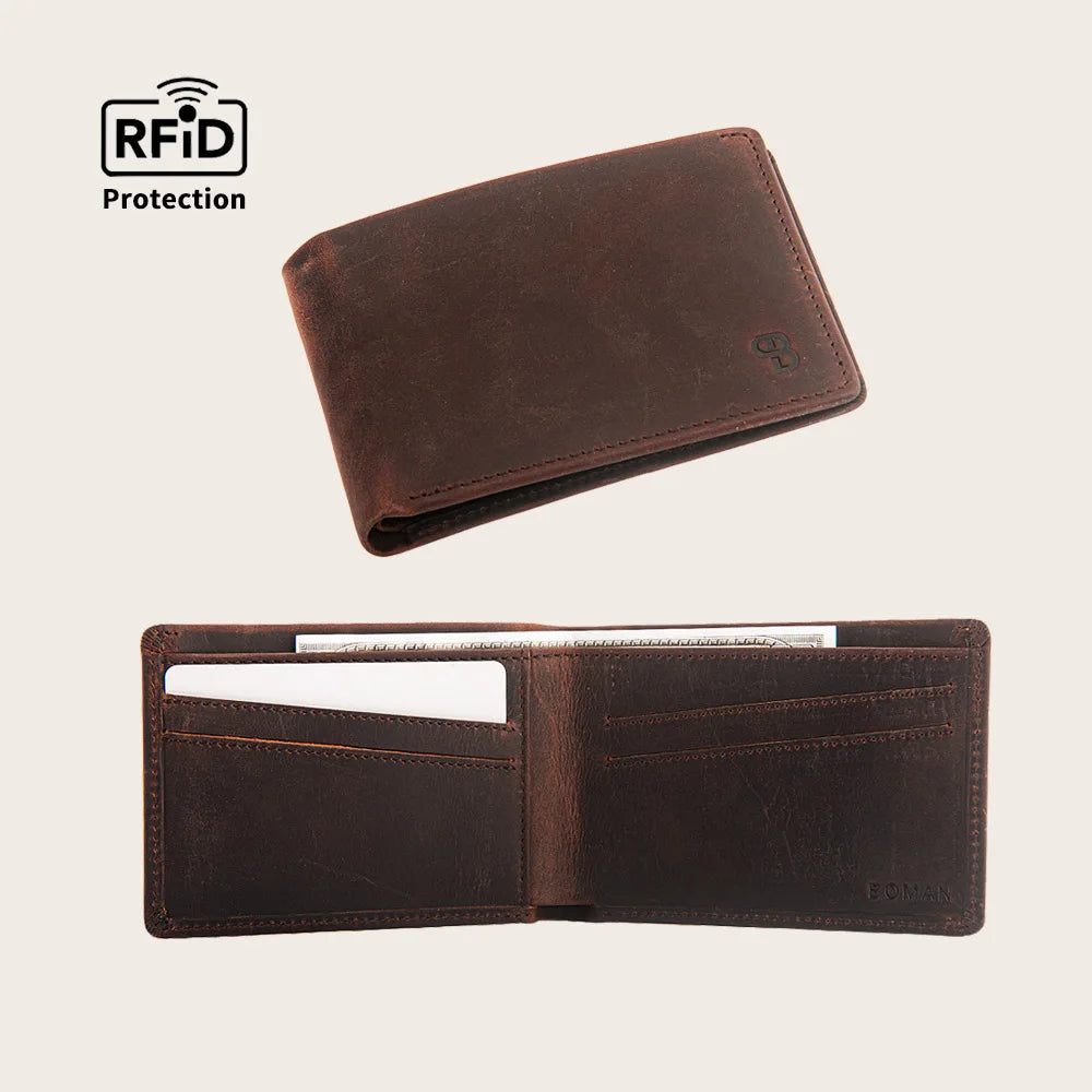 Custom Logo Minimalist Bifold Rfid Blocking Wallet Luxury Crazy Horse Leather Card Holder Wallet for Men