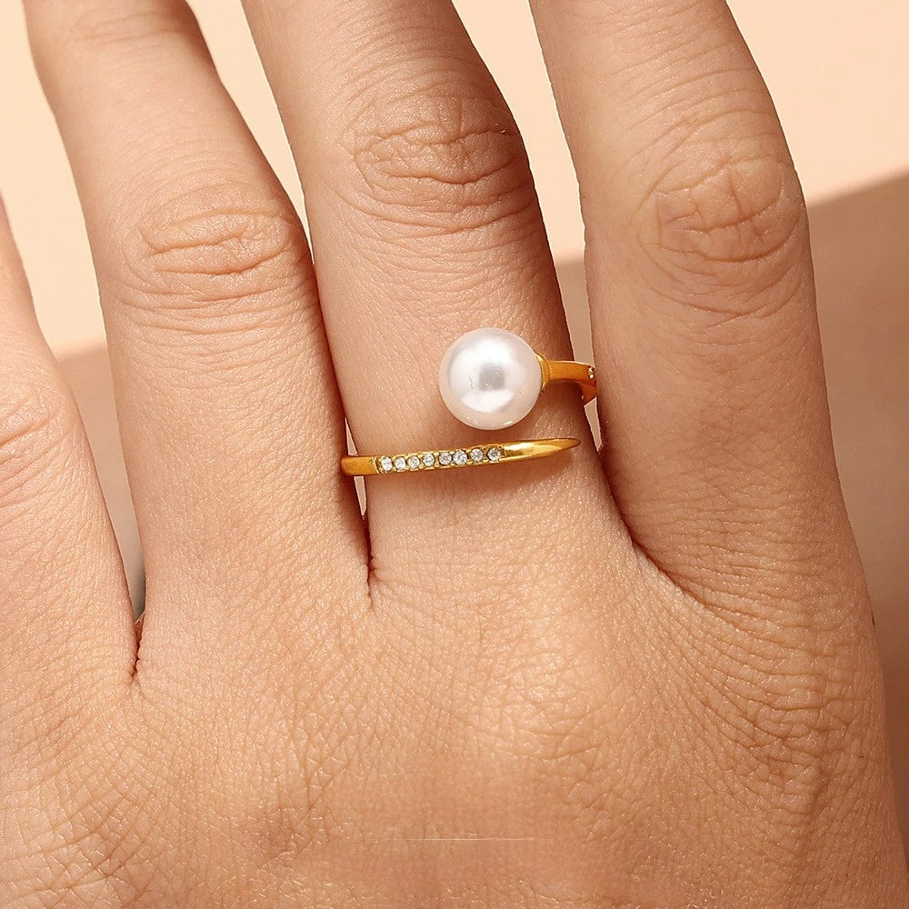 Stainless Steel Women Waterproof Jewelry 18k Gold Plated Zircon Inlaid Open Pearl Ring YF3997