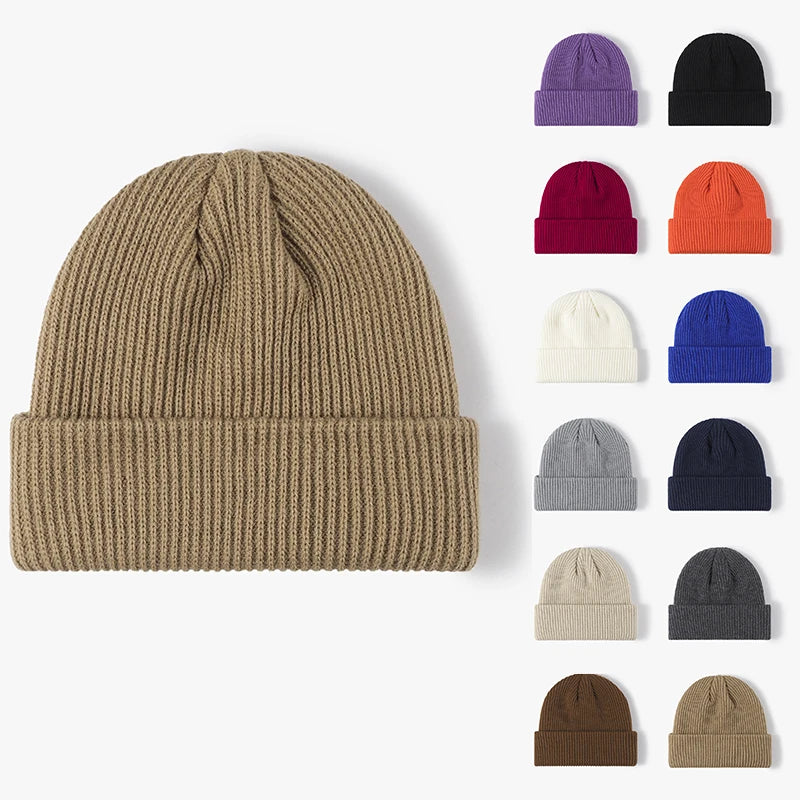 Solid Color Blank Plain Ribbed Winter Warm Cuffed Knitted Hat Unisex Acrylic Beanie With Custom Logo
