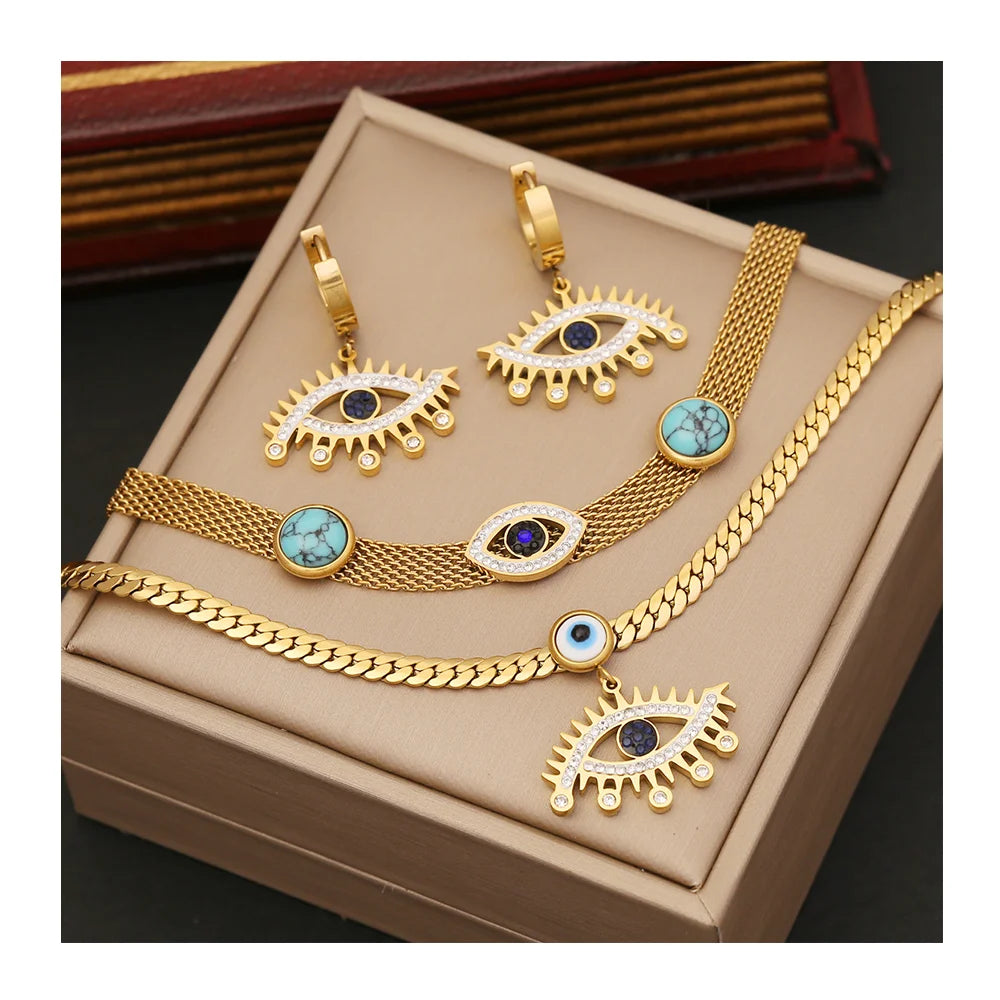 New Trendy 18k Gold Turkey Eye Pendant Necklace Jewelry Stainless Steel Zircon Necklace With Earring Women