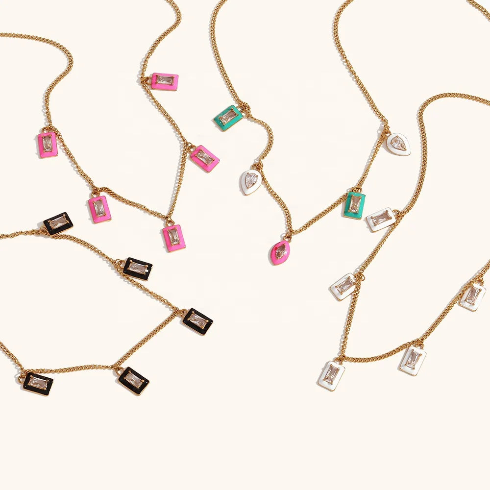 Dingran 18K Gold Plated Stainless Steel Link Chain Fashionable Colorful Zircon Enamel Charm Necklaces for Women Gift