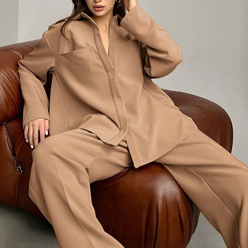 2025 New Arrival Long Sleeve Shirt Wide Leg  Trousers Suits Women's Clothing Shirt and Pants Suits Set for Ladies