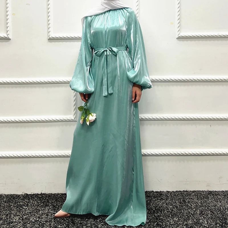 Islamic Clothing Abaya Women Muslim Dress Solid Color Shining Polyester Puff Sleeves Summer Modest Muslim Dress for Women
