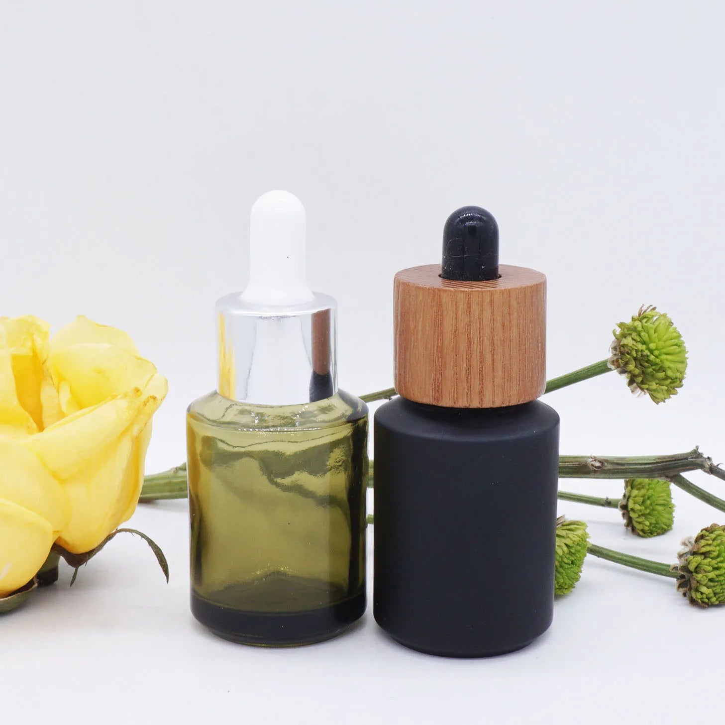 1ounce Slant Shoulder Olive Green Frosted Black 30ml Glass Oil Serum Bottle with Dark Wooden Texture Pump Closures
