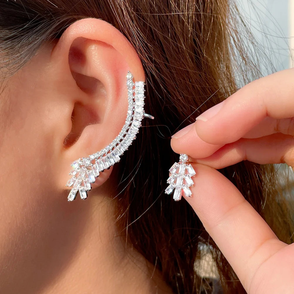 Asymmetrical Shiny Cubic Zirconia Big Long Sweep Wrap Cuff Stud Ear Climber Earrings for Women Chic Punk Jewelry