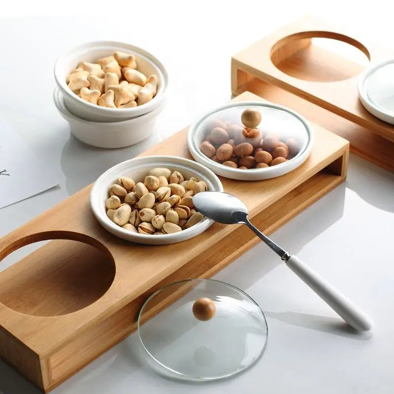 Nut Tempered Glass Cover Bamboo Eco-Friendly Tray Living Room Platter Tableware Ceramic Plate