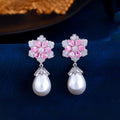 New Fashion  Cubic Zircon CZ Wedding Party Pink Flowers Imitation Pearl Drop Earrings for Women Valentine's Day Jewelry Gifts