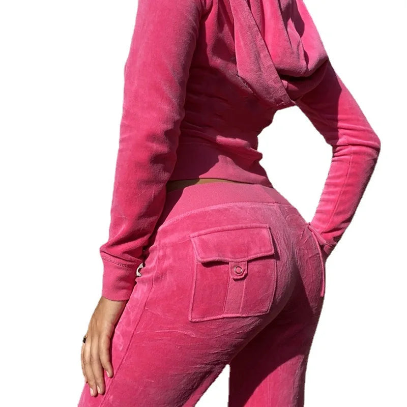Custom Logo Female Track Suit Full Zip up Hoodie Joggers Pants With Pockets Two Piece Pants Set Velvet Tracksuit for Women