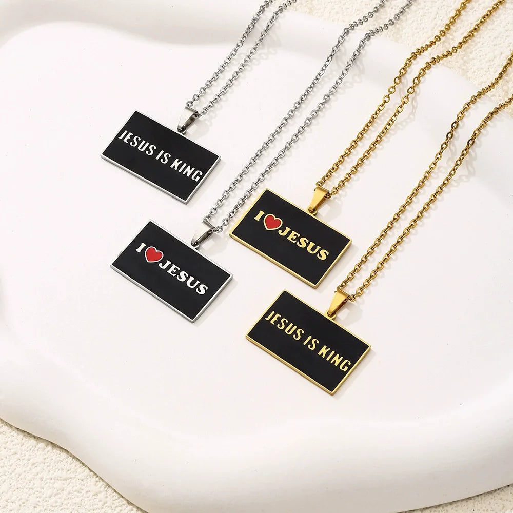 Stainless Steel PVD Gold Plated Jewelry Wholesale Letter JESUS Pendant Necklace Color Enamel Red Heart Family Necklace