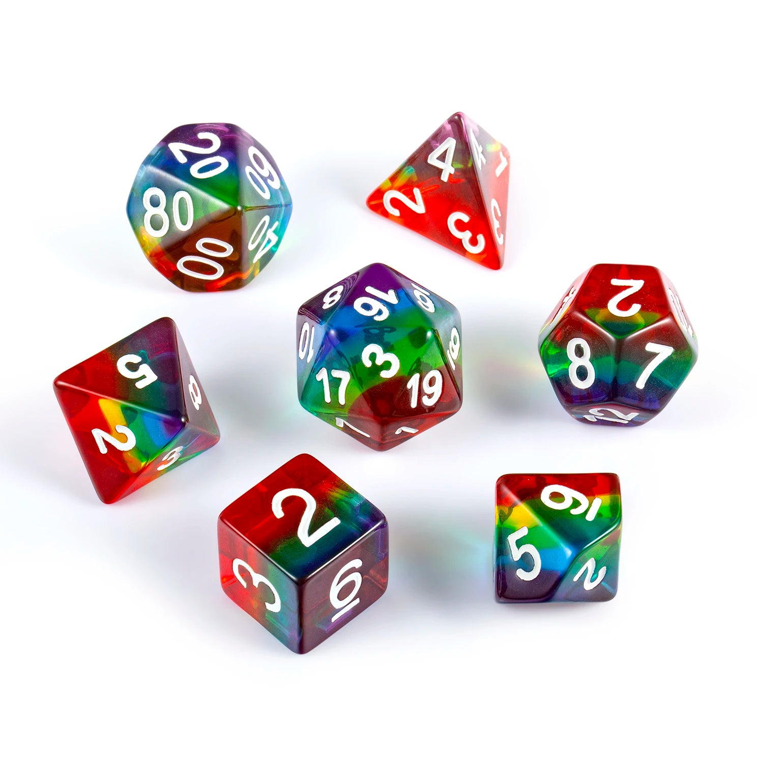 Wholesale Transparent Rainbow 16mm Custom Resin Polyhedral Dice Set for D&D RPG