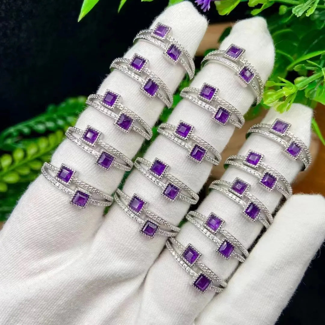 New Arrivals Jewelry Crystals Healing Ring Gemstone Natur Purple Square Amethyst Crystal Rings for Gift