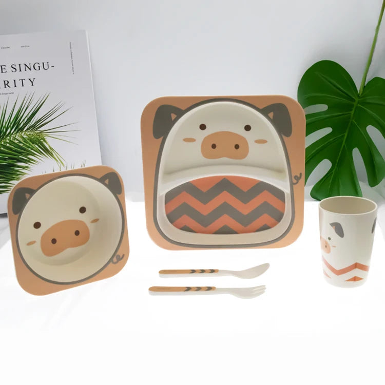 Safety Cartoon Animal Print 5 Pack Sets Cutlery Kids Bamboo Fiber Plates With Cup Dinnerware Set