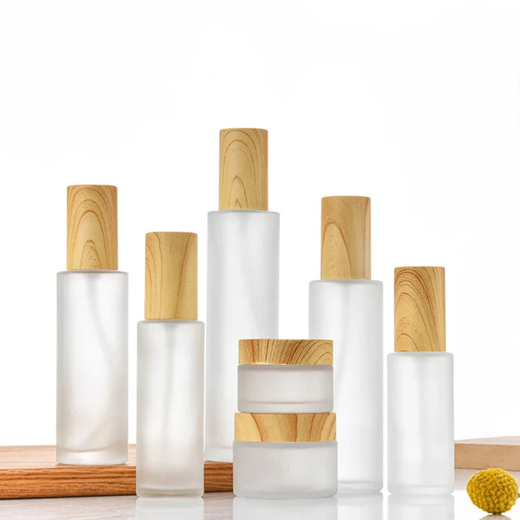 20ml-120ml Skincare Packaging White Frosted Glass Cosmetic Jar and Face Serum Bottles With Wooden Cap