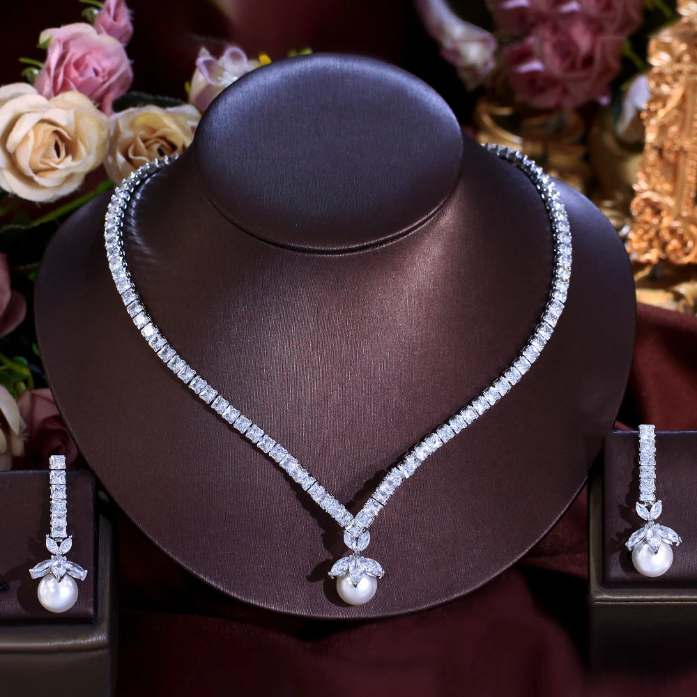 Elegant Dangle Drop White Cubic Zirconia Crystal Women Party Necklace Earring Hawaiian Pearl Jewelry Set for Wedding Bridal Gift
