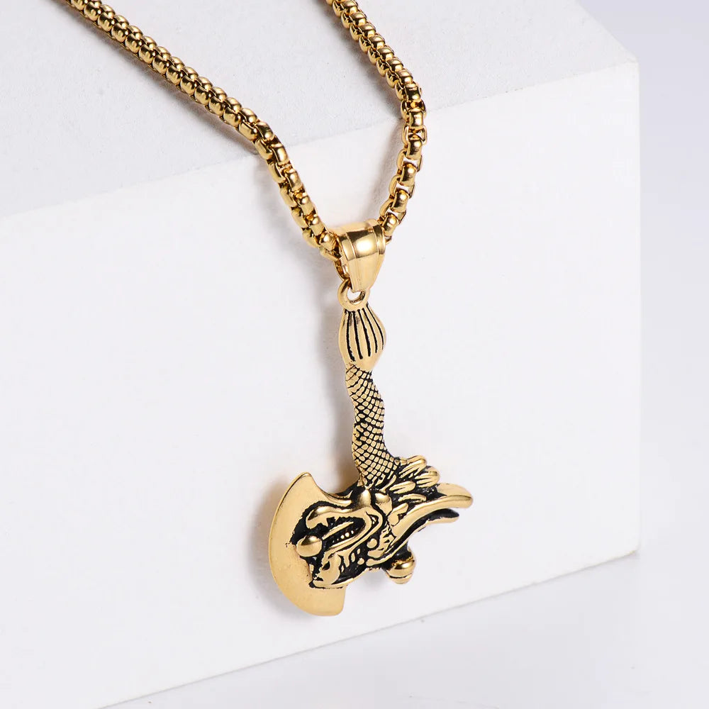 ORDRM Mens Necklace Vintage Jewelry Viking Celtic Axe Pendant With Dragon Head Pattern