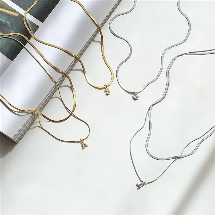 NZ1423 Dainty  Gold Plated Alphabet Letter Charm Pendant Necklaces Initial Charm Herringbone Chain Necklace for Women