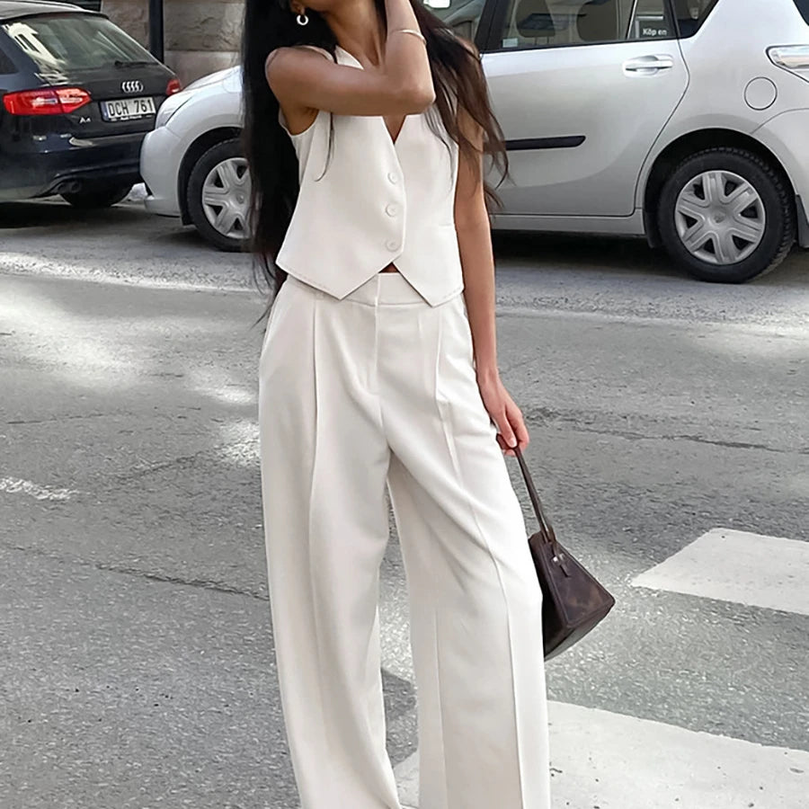 Enyami Summer Streetwear Chic Office Casual Matching Suits Women Buttons Waistcoats Wide Leg Pants Co Ord Set