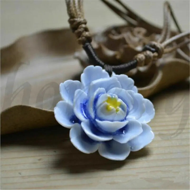 Porcelain National Chinese Handmade Ceramic Lotus Flower Pendant Necklace Jewelry Gift Fashion