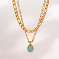 Vintage 18K Gold Plated Figaro Chain Necklace Retro Oval Amazonite Stainless Steel Pendant Necklace Set