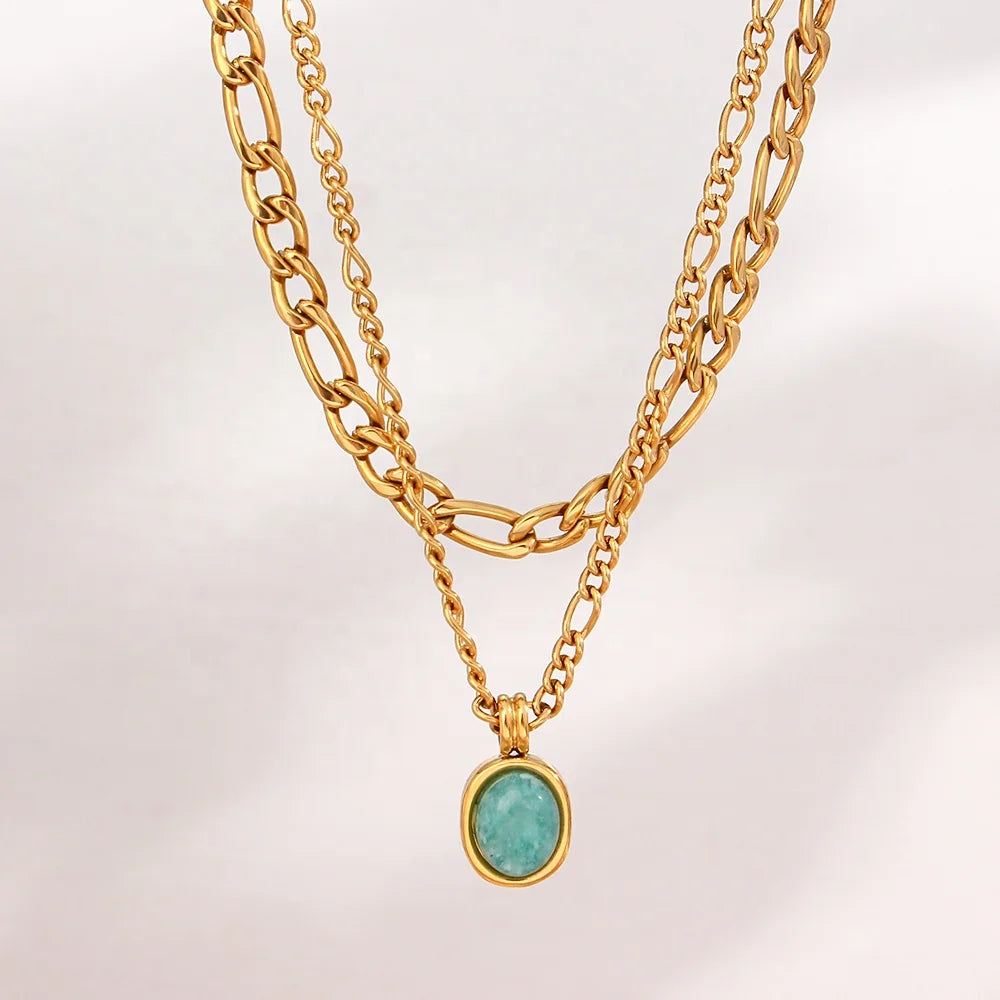 Vintage 18K Gold Plated Figaro Chain Necklace Retro Oval Amazonite Stainless Steel Pendant Necklace Set