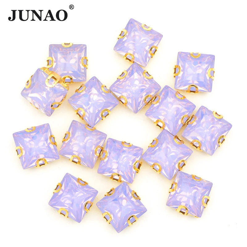 JUNAO New Arrival 8mm Flat Back Diamond Opal Purple Stones Square Sewing Resin Rhinestones