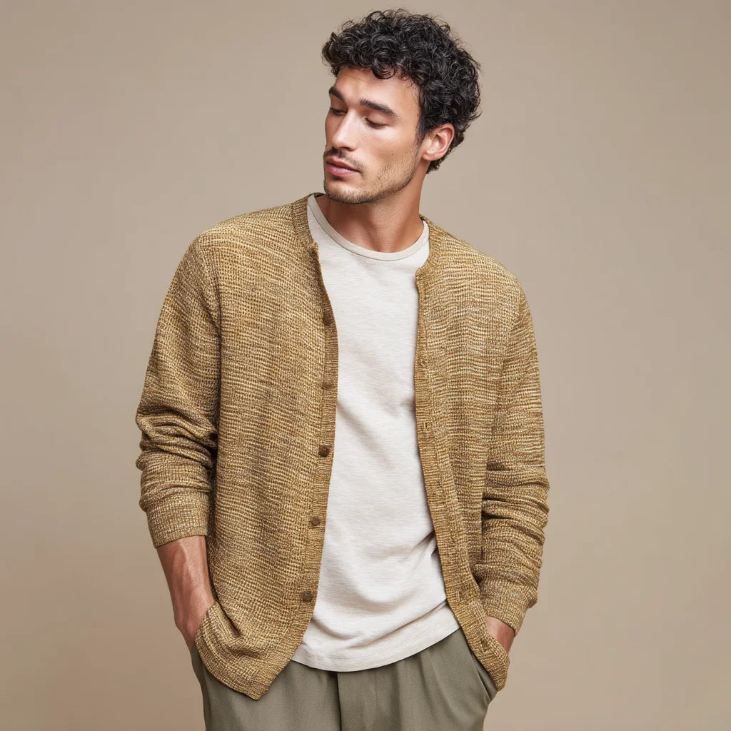 Lightweight Men's Textured Knit Cardigan Button-Down Cotton-Linen Blend Sweater for Spring