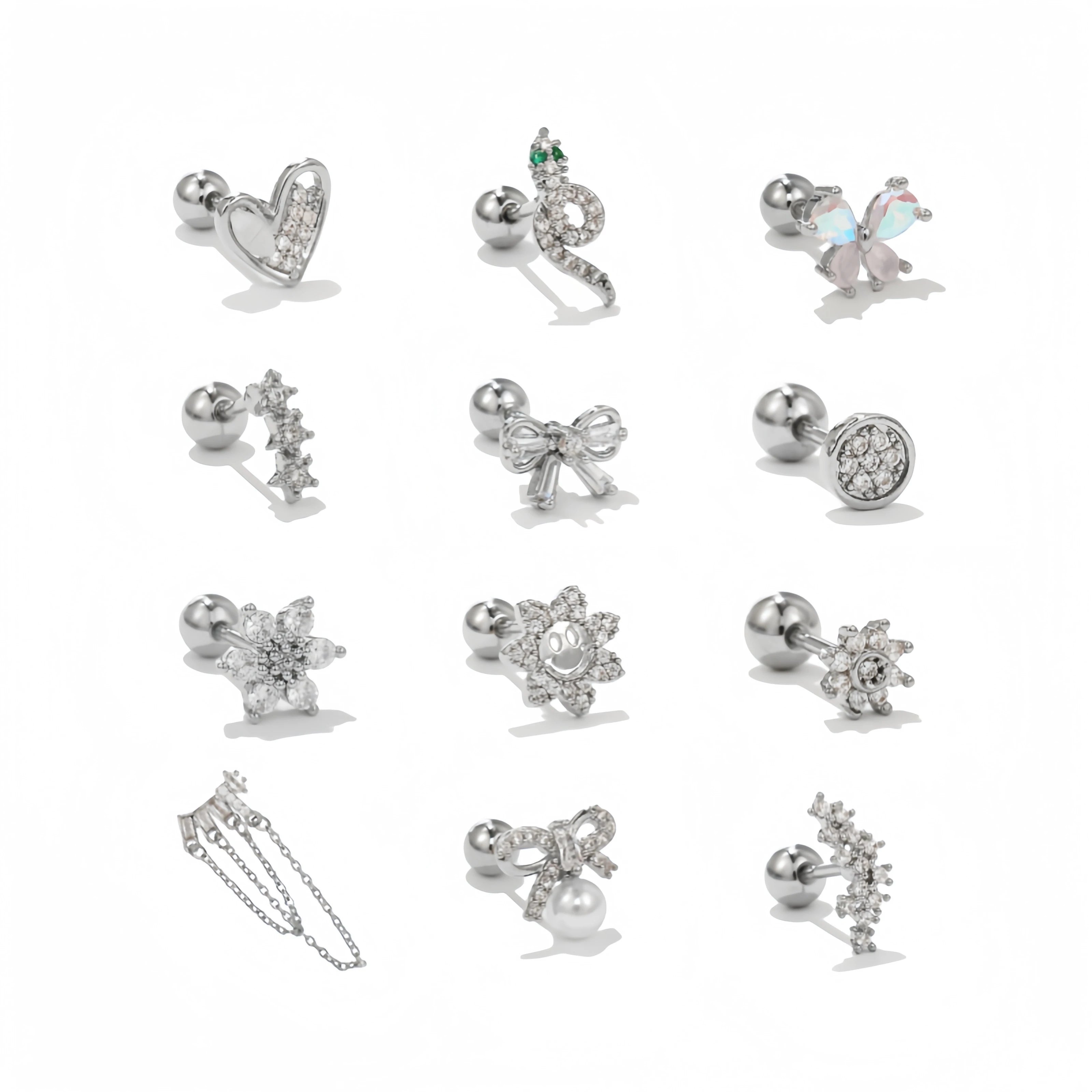 Multi Style Women Puncture Ball Screw Stainless Steel Rod Ear Bone Nails Wholesale Heart Bow Girls Silver Zircon Stud Earrings