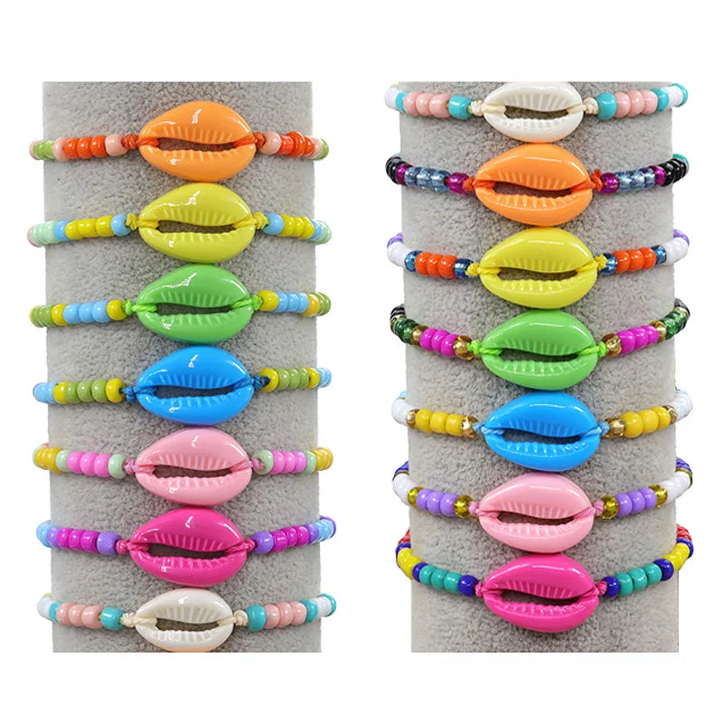 18 Colors Boho Hawaiian Summer Seed Beaded Shell Ankle Bracelet Adjustable Colorful Shell Bead Bracelet