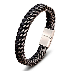 Punk Personalized Braided Genuine Leather Bracelets Stainless Steel Chain Cross Weave Laser Logo Magnetic Buckle for Men