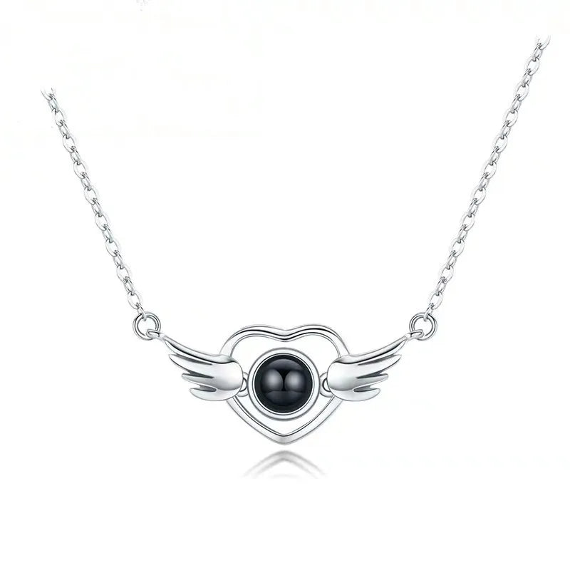 Elegant 100 Languages I Love You Projection Pendant Choker Necklace Love Memory Angel Wing Projection Necklace