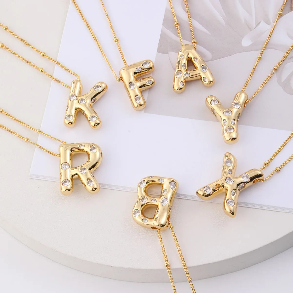 Trendy CZ Bubble Letter Necklaces Unisex Brass Beads Chain Custom Name Initial Jewelry with Diamond