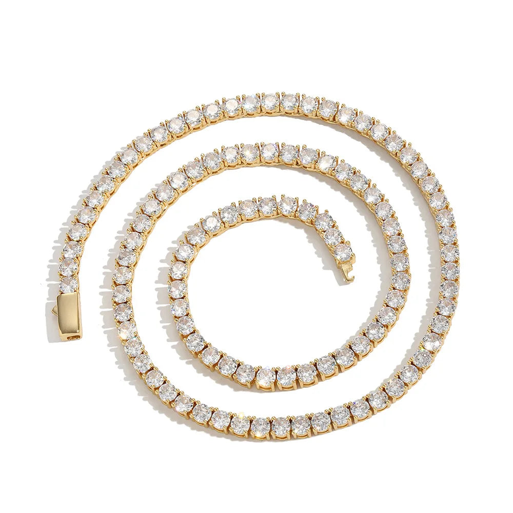 Hot Selling Hiphop Brass Men's 3mm 4mm 5mm White Gold Spring Clasp Prong Set CZ Diamond Tennis Chain Fashion Chain Necklace