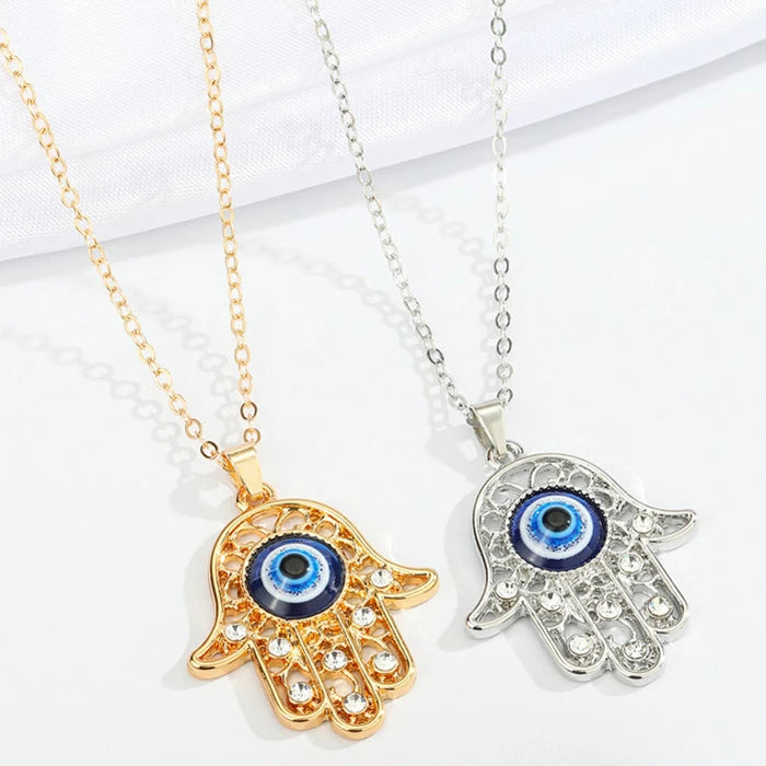 Fashion Gold Silver Plated Turkish Blue Evil Eye Hasma Fatima Hand Pendant Necklace Jewelry for Woman