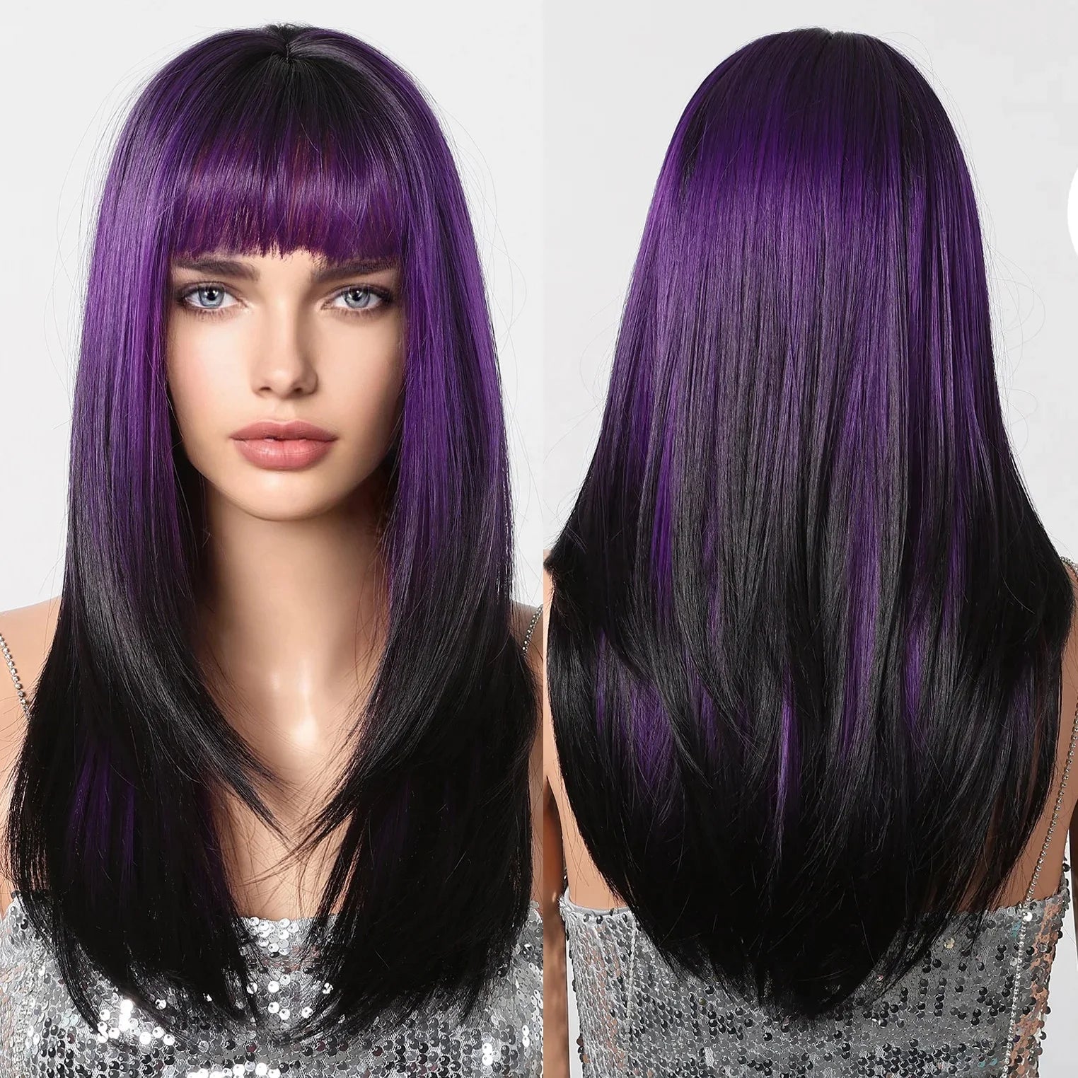 Immediate Delivery Long Layered Wigs with Bangs Purple to Black Straight Wig Synthetic Colorful Wig Heat Resistant Hair
