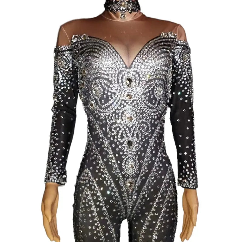 Fashion Tight Fitting Rhinestones Bodysuits Stage Costume Pole Dance Leotard Women Nightclub Prom Bodycon One Piece Jumpsuit