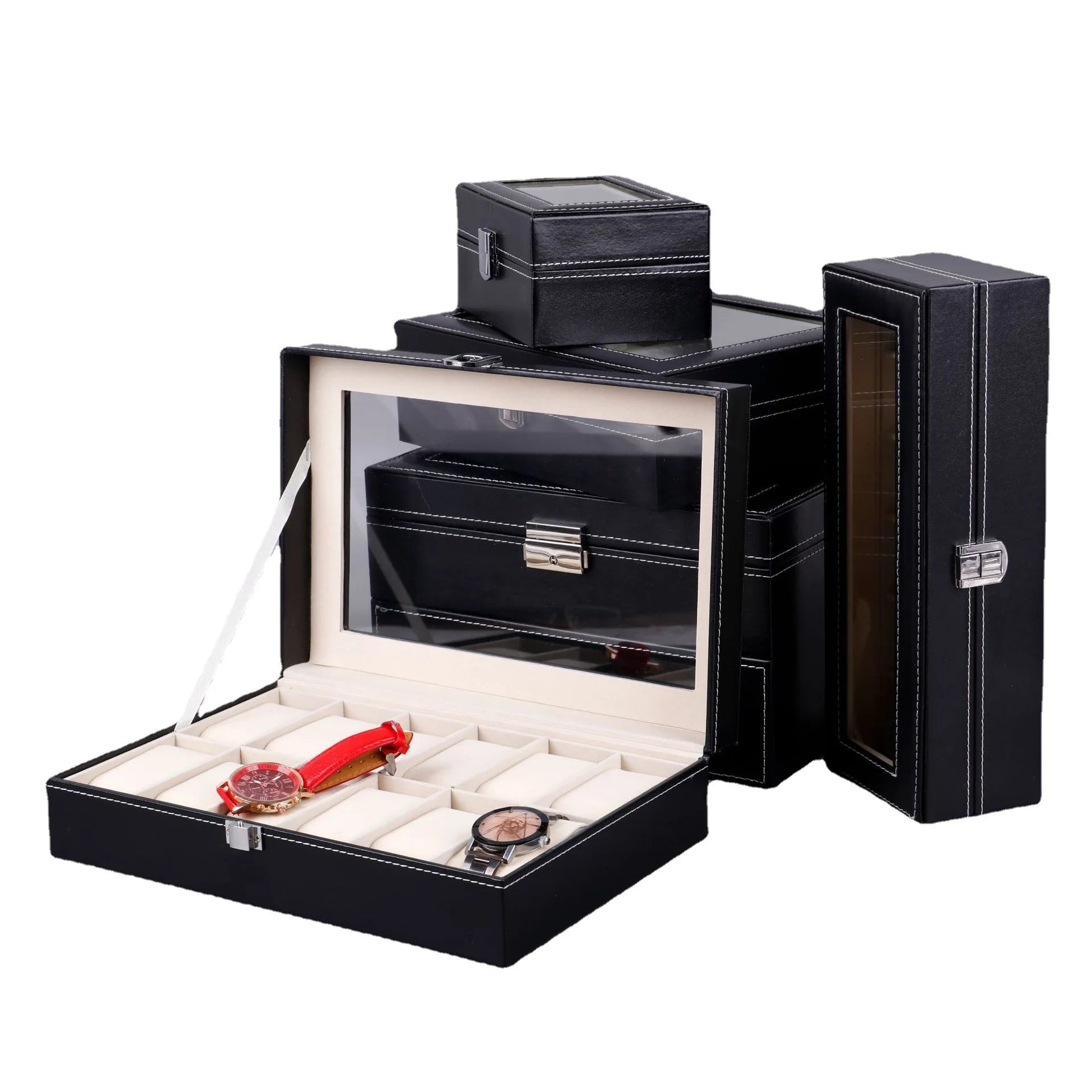 Wholesale JMjermyn JM-012WS Luxury PU Leather Multifunction Sustainable Large Watch Box with Transparent Window Lock Gift Set