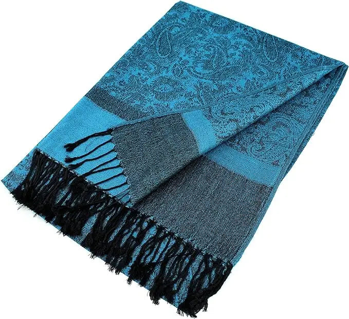 Two Tone Vintage Jacquard Paisley Pashmina Shawl Wrap Soft Silky Scarf Stole Women Acrylic Viscose Floral Design Logo Service