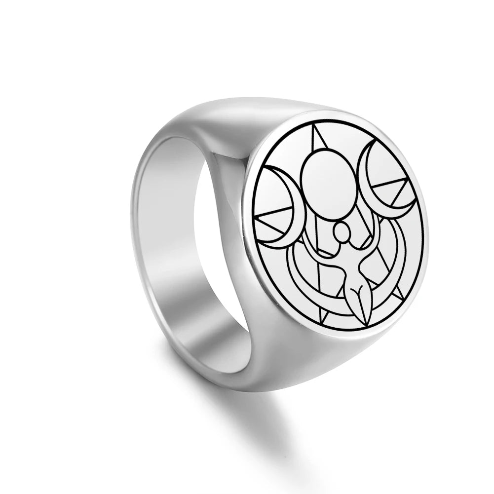 Triple Retro Moon Goddess Symbol Stainless Steel Rings Wicca Pentagram Magic Amulet Protection Jewelry Viking Gemstone Rings
