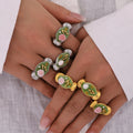 Vintage Flower Pearl 18K Gold Ring Stainless Steel Green Enamel Oil Drop Floral Jewelry Open Ring New