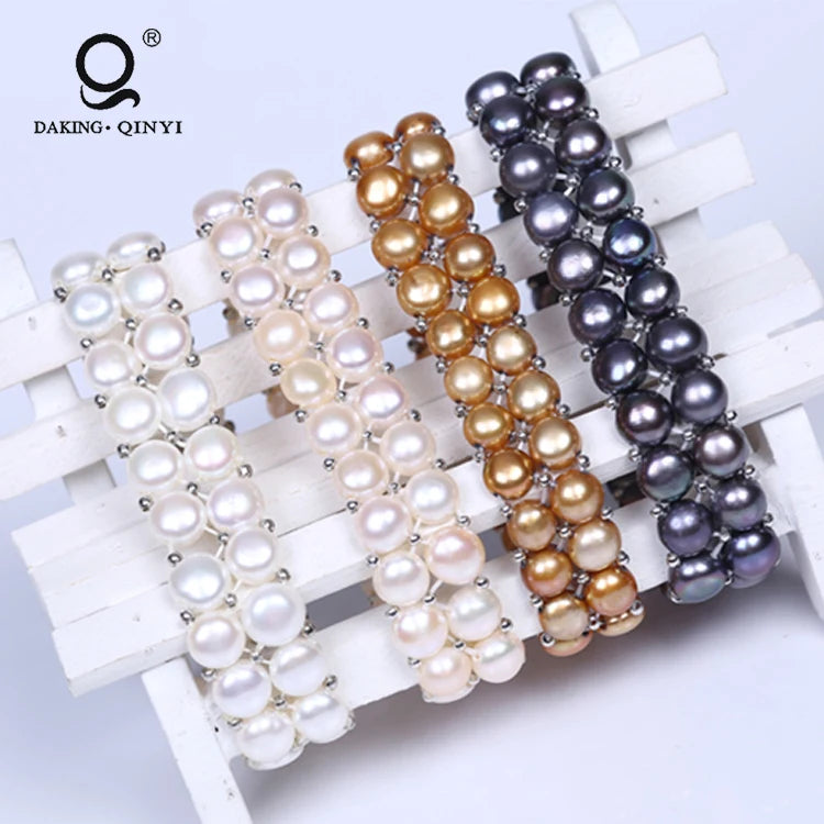 Fashion Jewelry 2 Rows Real Freshwater Button Pearl Bracelet for Women