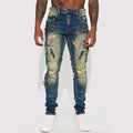 OEM ODM AeeDenim New Arrival Custom LOGO Men's Take It Cargo Stacked Skinny Vintage Blue Wash Denim Jeans