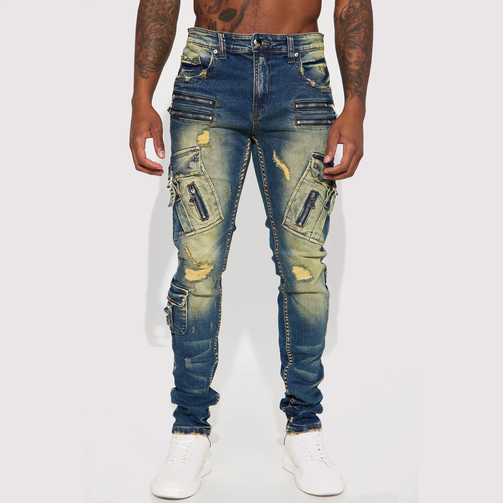 OEM ODM AeeDenim New Arrival Custom LOGO Men's Take It Cargo Stacked Skinny Vintage Blue Wash Denim Jeans